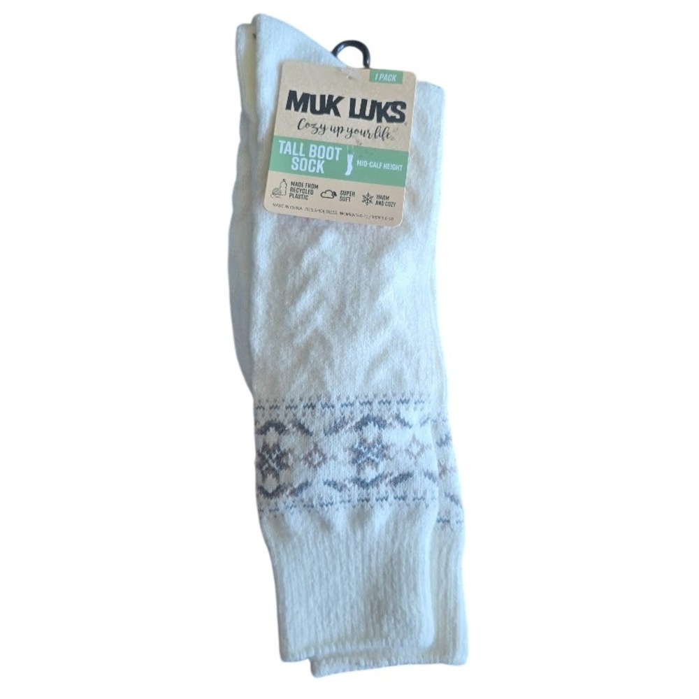 MUK LUKS Ivory Tall Boot Sock Fair Isle Mid-Calf Women Size 6-11 Cozy Winter